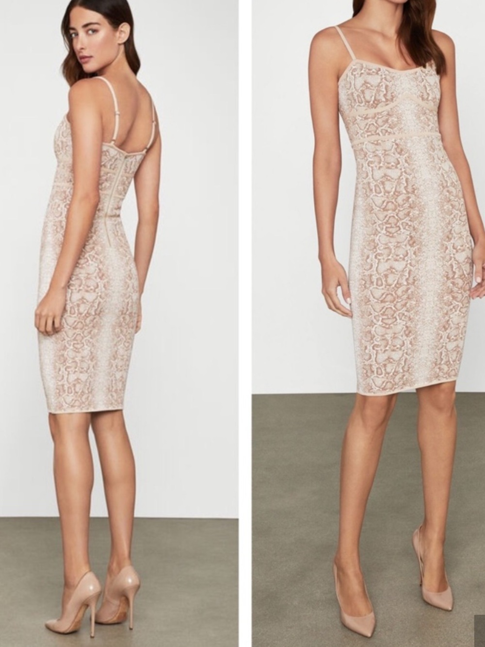BCBGMaxAzria Beige Snakeskin-Print Midi Sheath Dress